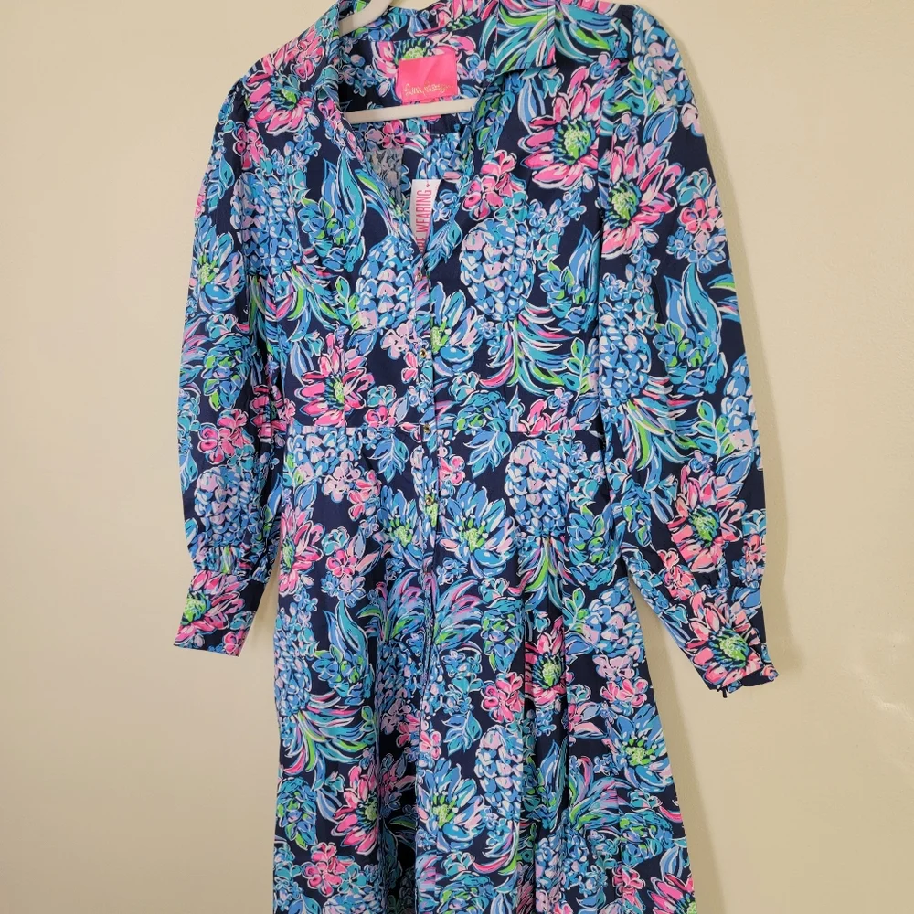 NWT Mira stretch shirt dress high tide navy pineapple paradise size 6 - Picture 5 of 10
